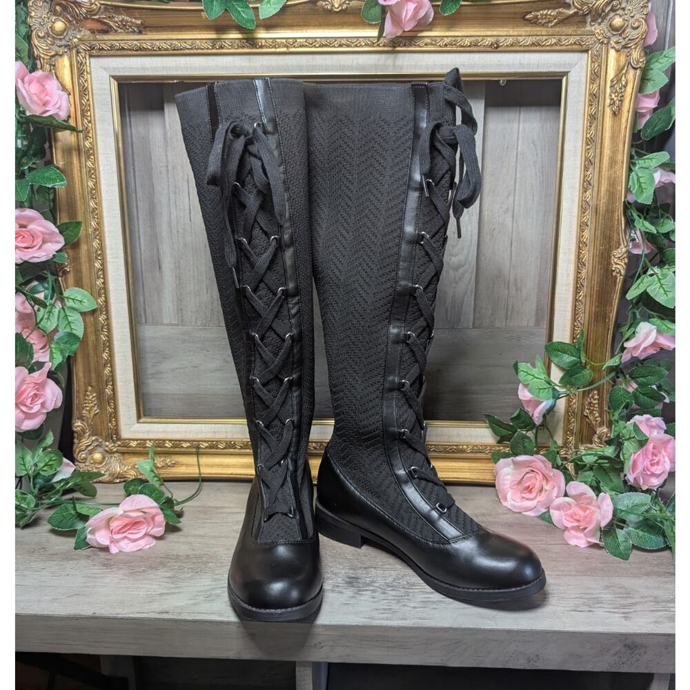 Polly & Tall Black Knit Knee High Lace Up Boots Women's US 7 EU 37.5